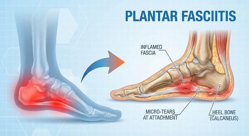 Medical illustration showing plantar fasciitis, highlighting inflamed fascia, micro-tears, and heel bone. 